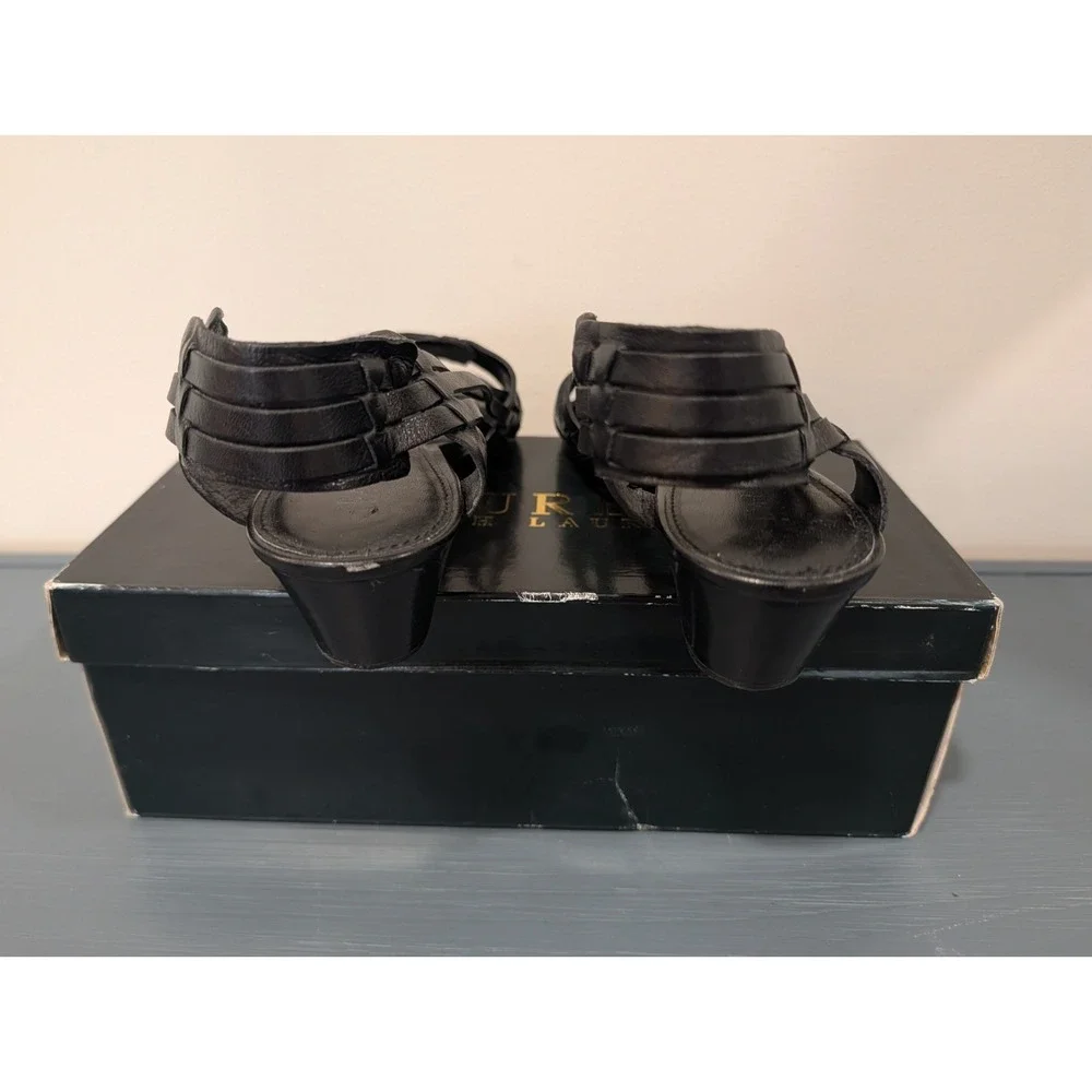Lauren Ralph Lauren Rahima Black Leather Woven Slingback Wedge Sandals Size 9B